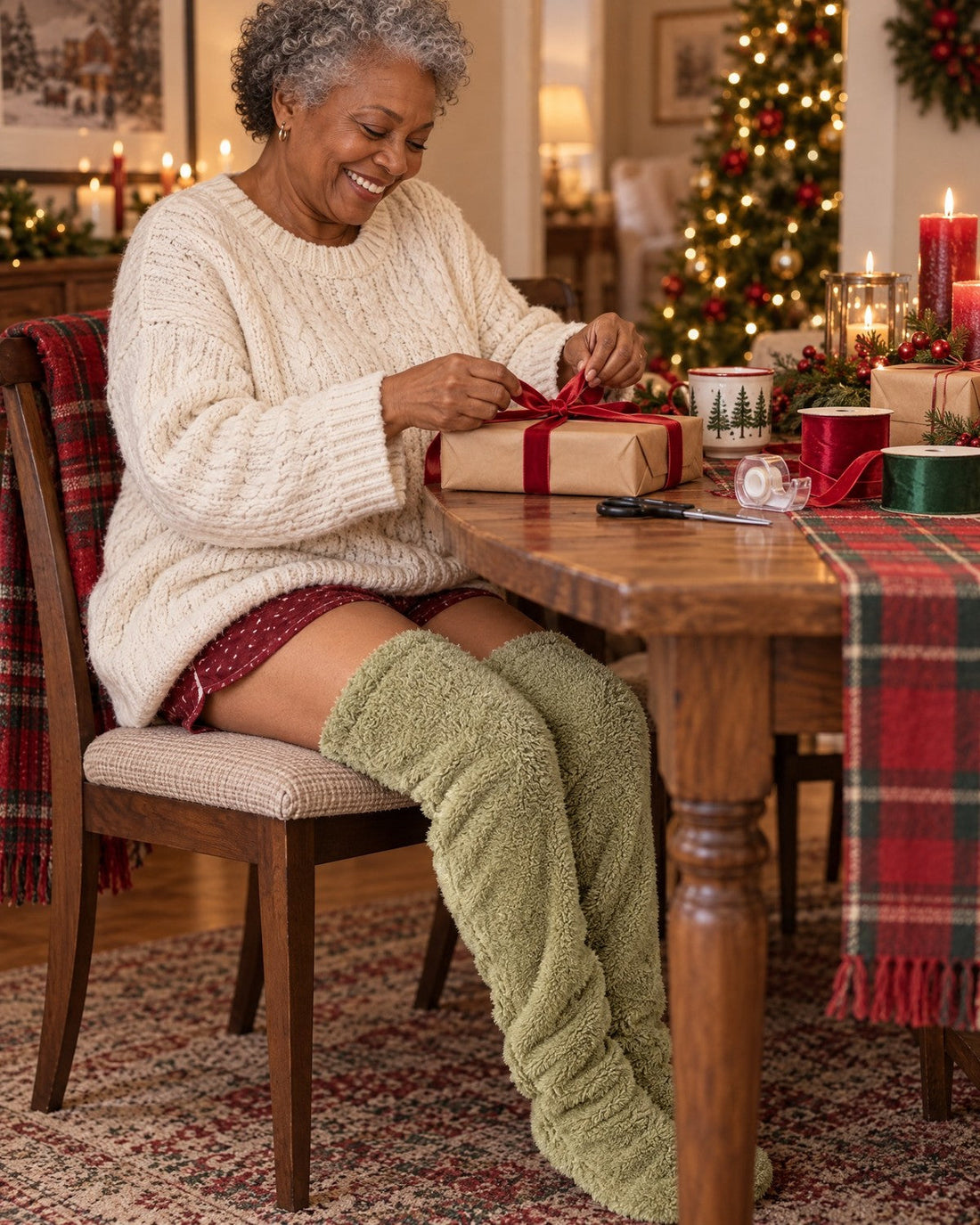 Woman wrapping Christmas gifts in Moss Green SŌLA CloudFlex™ Socks