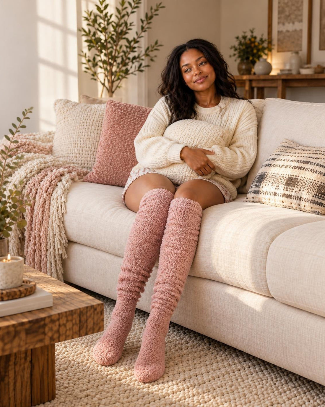 Woman hugging a cushion on a sofa in Blush Pink SŌLA CloudFlex™ Socks