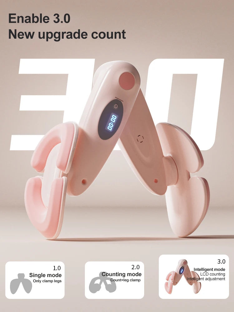Pink SŌLA Halo leg trainer showing its LED counter screen, with a comparison of counting modes below