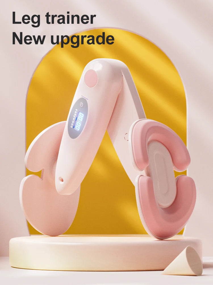 Pink SŌLA Halo leg trainer with curved padded arms in front of a yellow arch