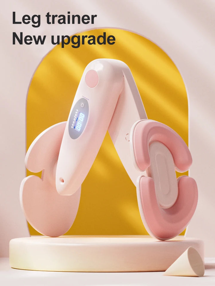 Pink SŌLA Halo leg trainer with curved padded arms in front of a yellow arch