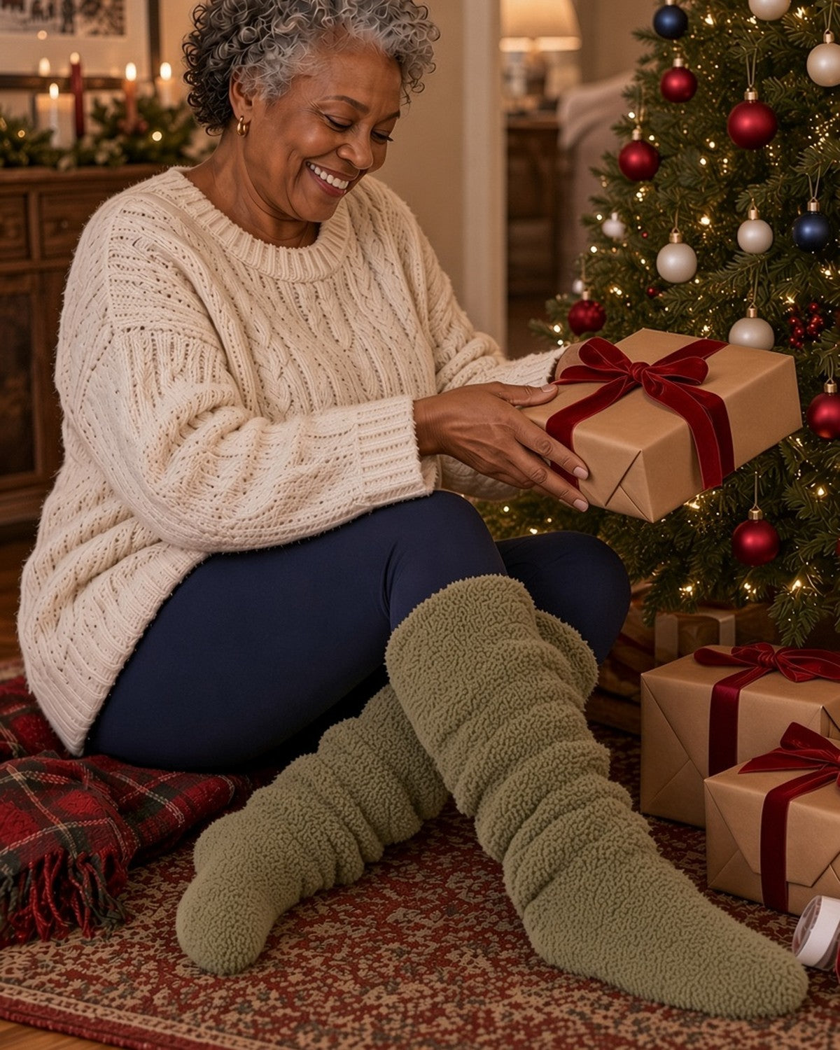 Woman placing a wrapped gift under the Christmas tree in plush fitted Moss Green SŌLA CloudFlex™ Over the Knee Socks