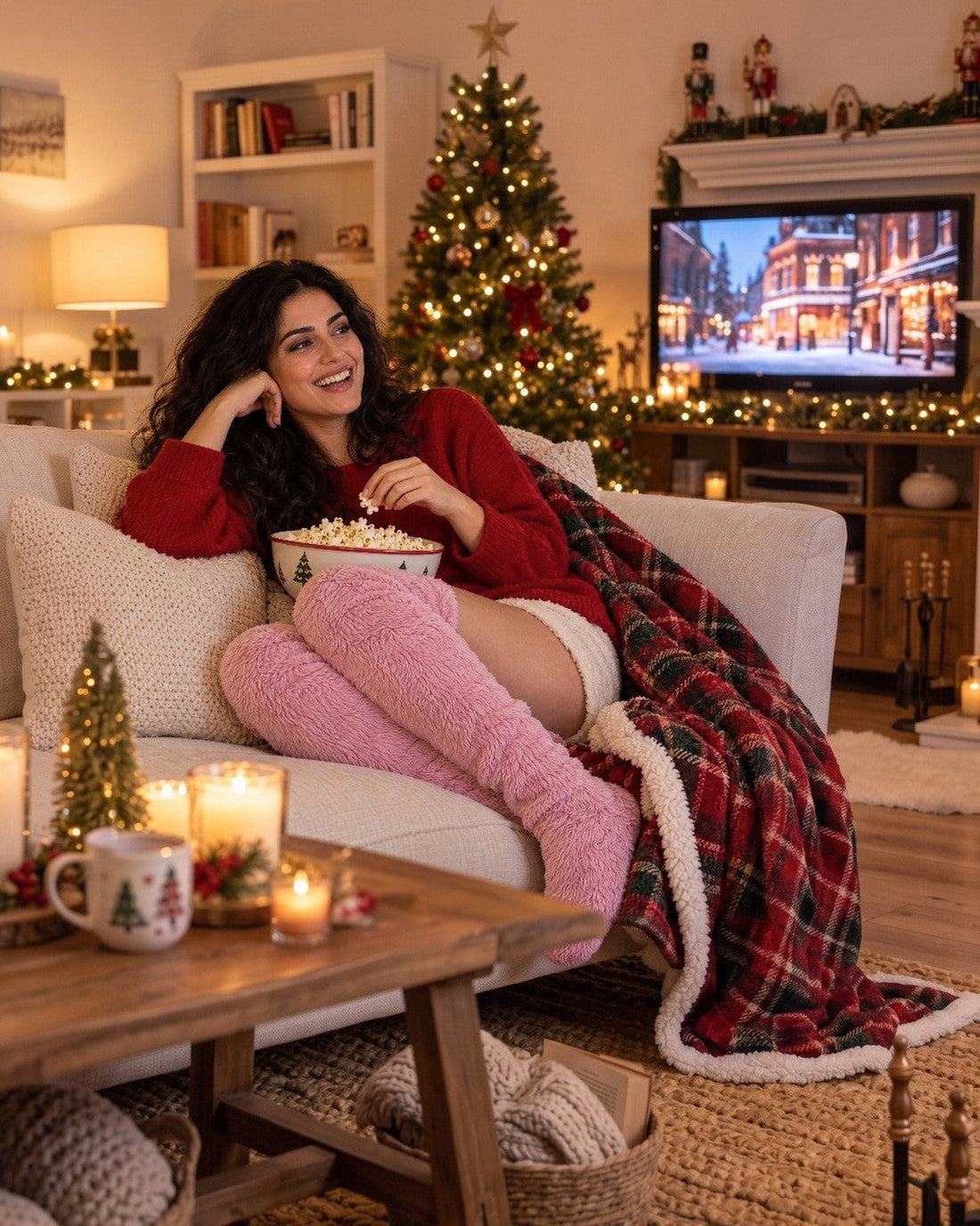 Woman with popcorn on a sofa by a Christmas tree in Blush Pink SŌLA CloudFlex™ Socks