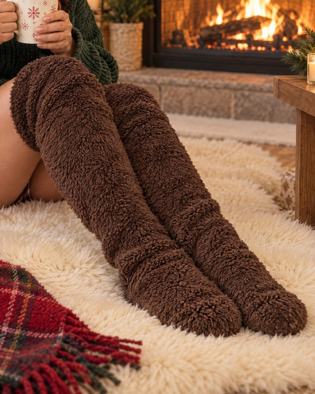 Woman relaxing by a fireplace in Chestnut Brown SŌLA CloudFlex™ Socks