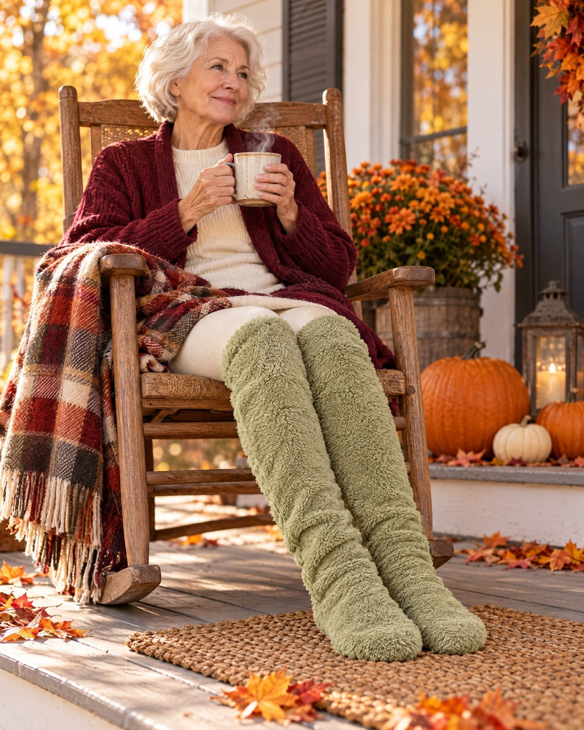 Woman on an autumn porch in green SŌLA CloudFlex socks
