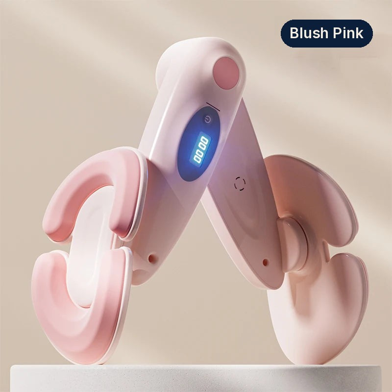 SŌLA Halo leg trainer in Blush Pink with white frame and blue LED counter, front view