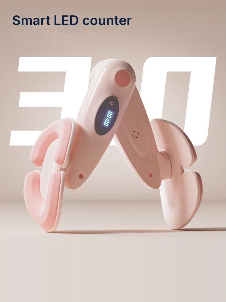 Pink SŌLA Halo leg trainer showing its LED counter screen, with a comparison of counting modes below