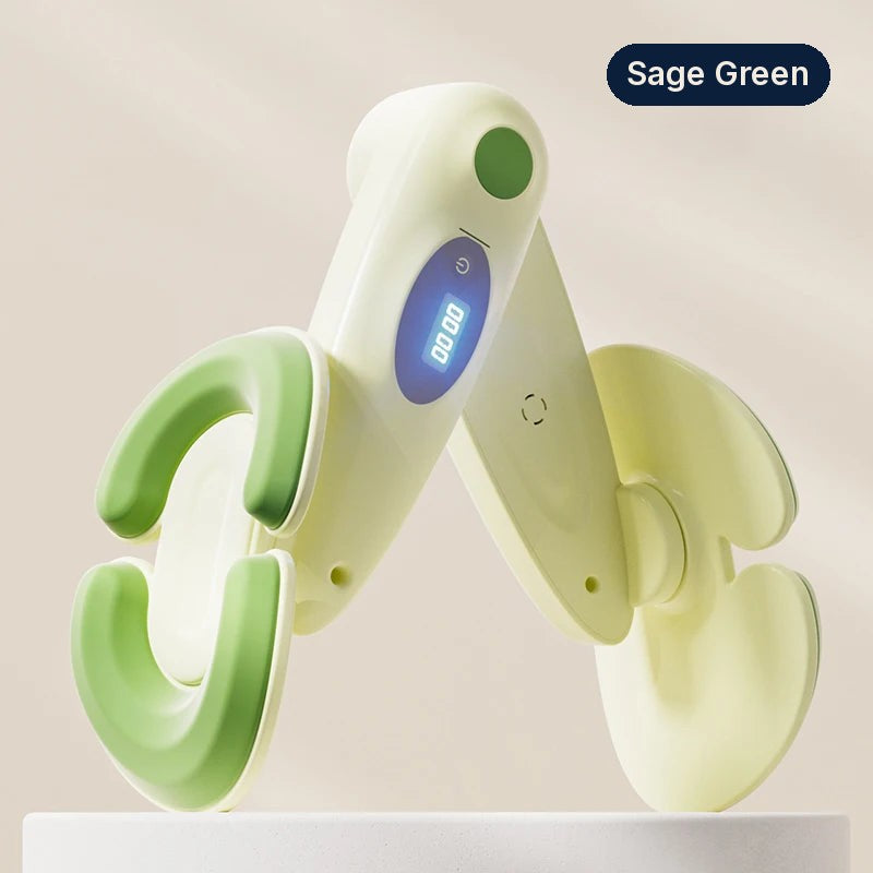 SŌLA Halo leg trainer in Sage Green with white frame and blue LED counter, front view