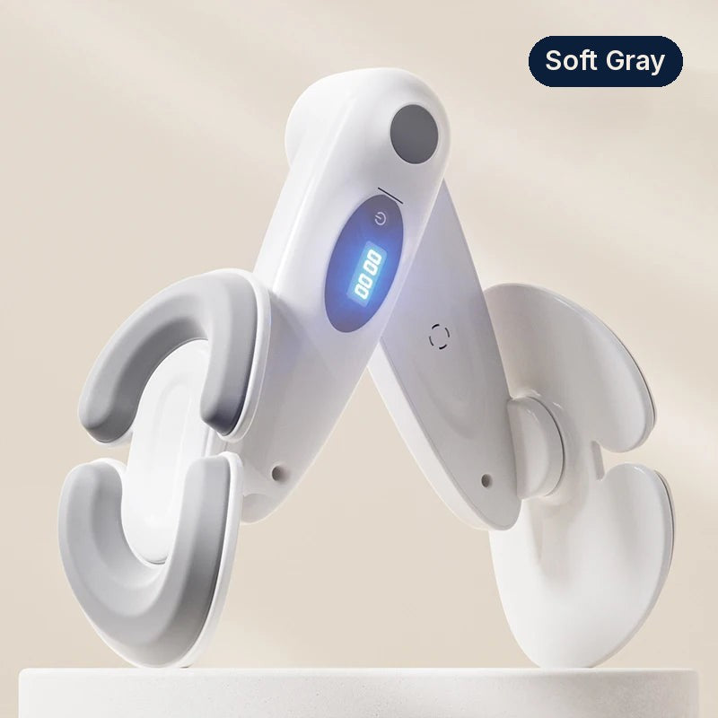 SŌLA Halo leg trainer in Soft Gray with white frame and blue LED counter, front view