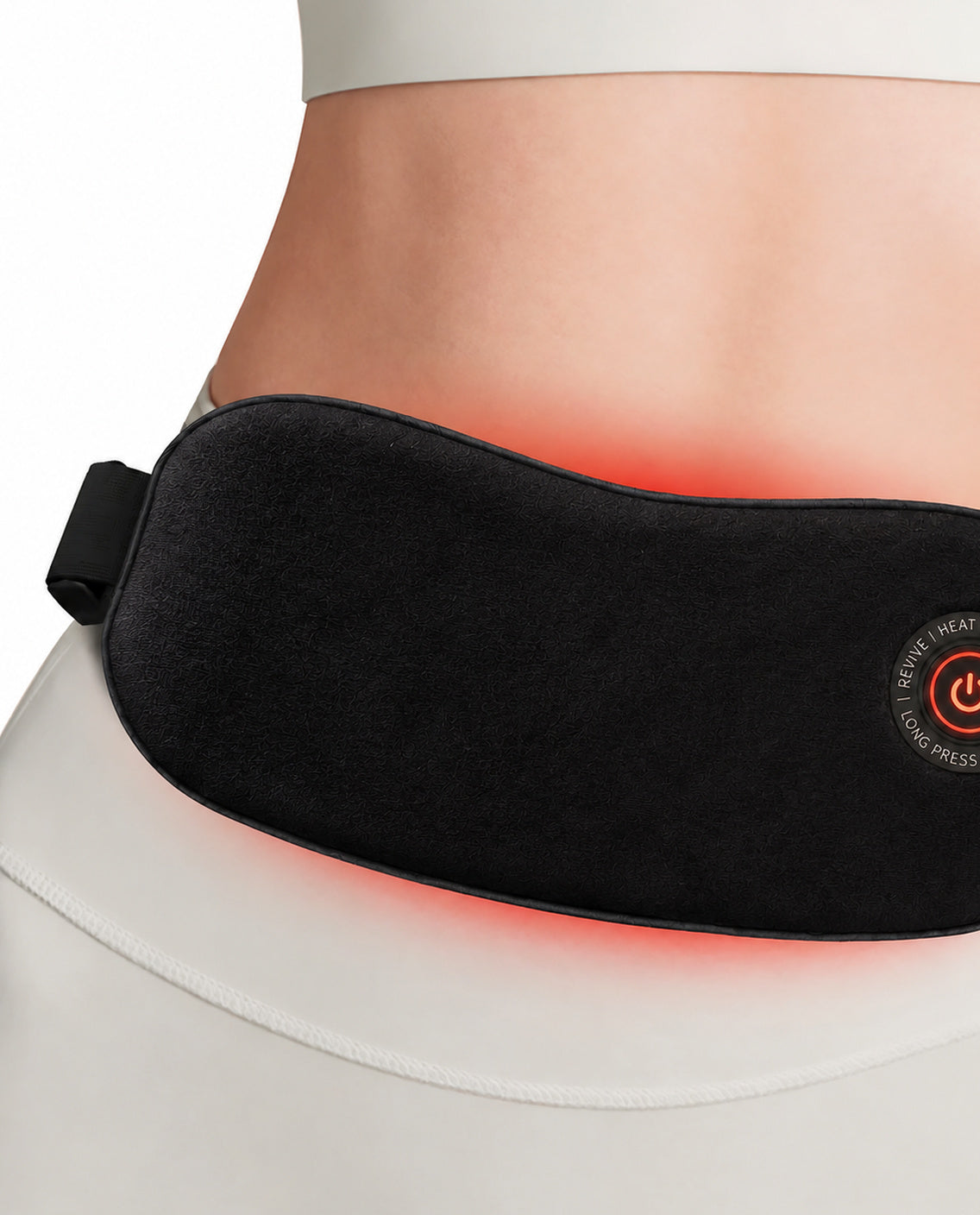 SŌLA heat wrap glowing warm red, worn on the lower abdomen