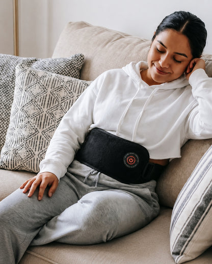Woman relaxing on a sofa wearing the SŌLA heat wrap
