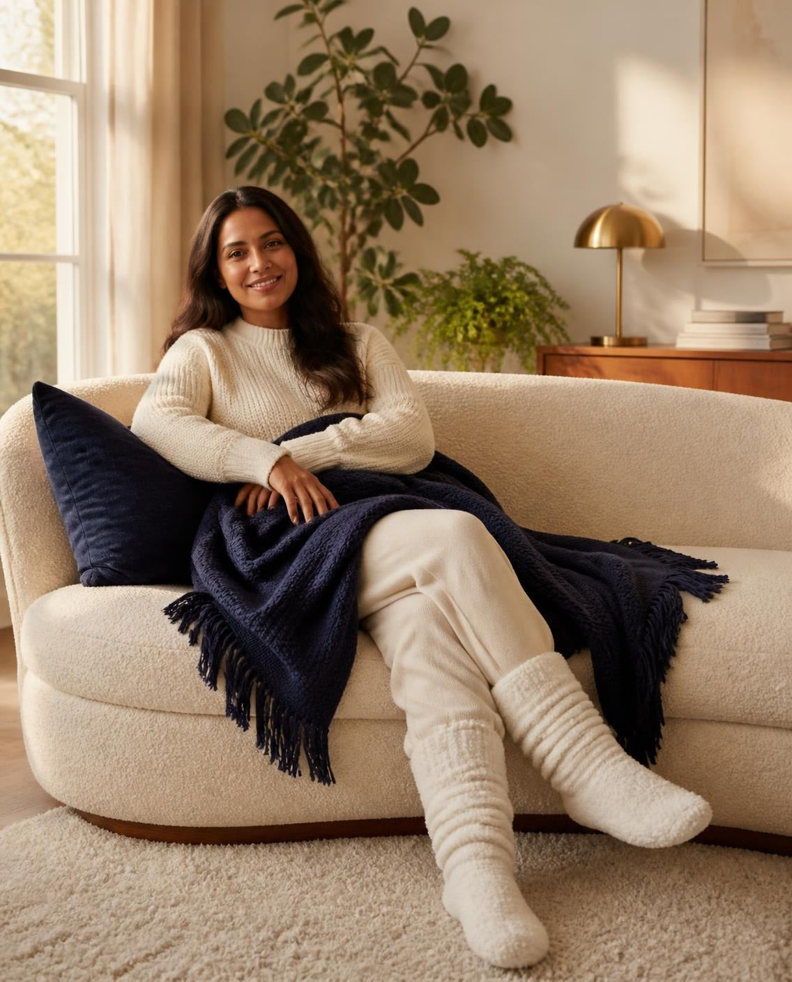 Illustration of a smiling woman relaxing on a cream sofa under a navy knit throw in a cosy home, wearing soft cream loungewear and plush socks