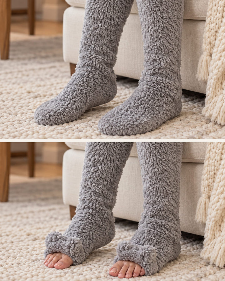 Illustration of two close ups of long Fog Silver Gray fuzzy SŌLA CloudFlex™ Socks on a cream rug, top with the toe flap closed, bottom with the toe flap at the front folded open so the toes can breathe