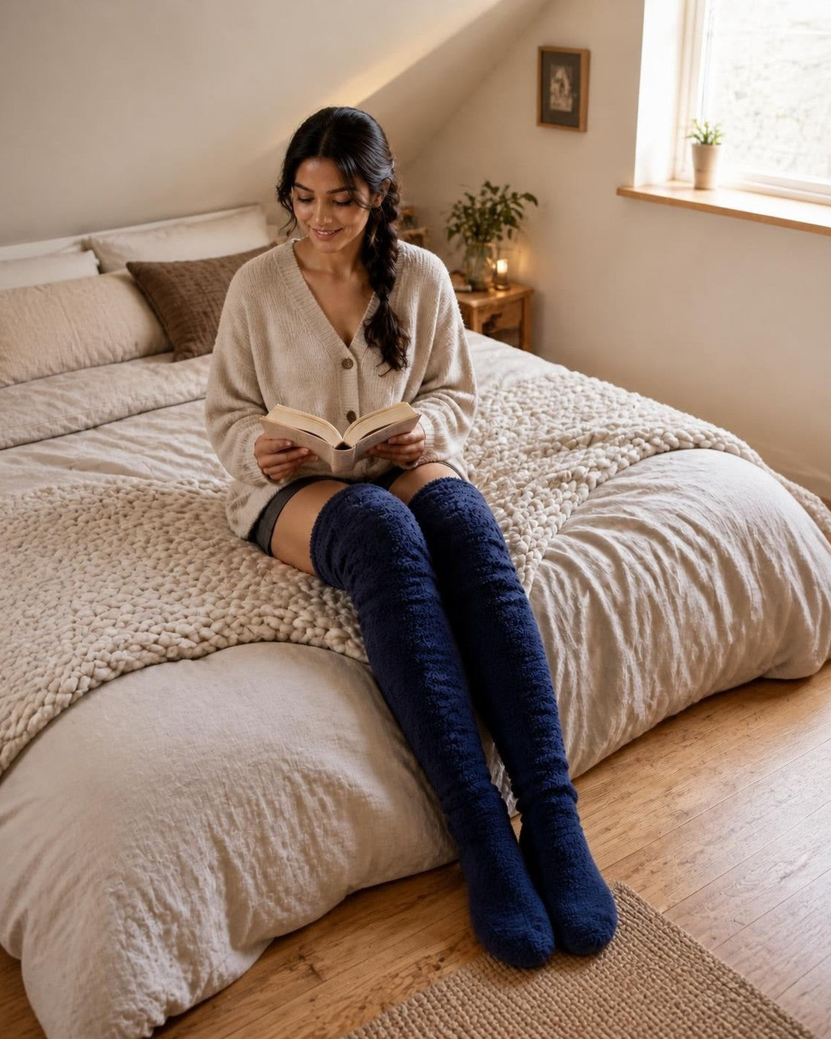 Illustration of a smiling young woman reading a book on a bed in a bright attic bedroom, wearing midnight blue fluffy over-the-knee SŌLA CloudFlex™ Socks