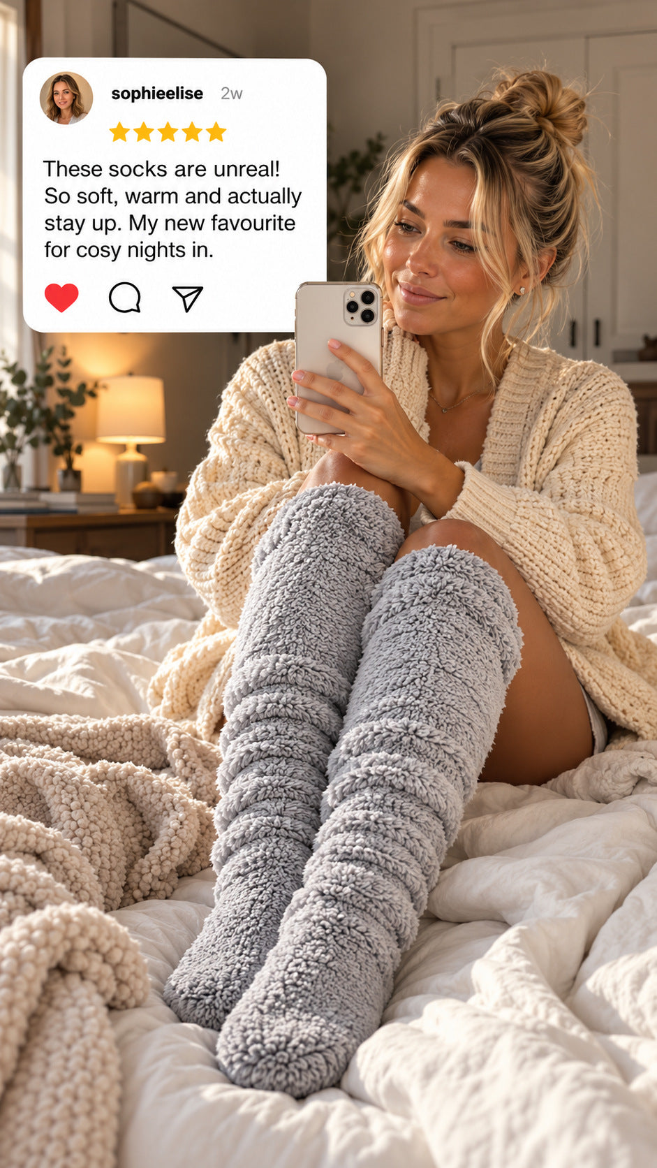 Customer photo of a woman wearing SŌLA CloudFlex™ Socks in bed