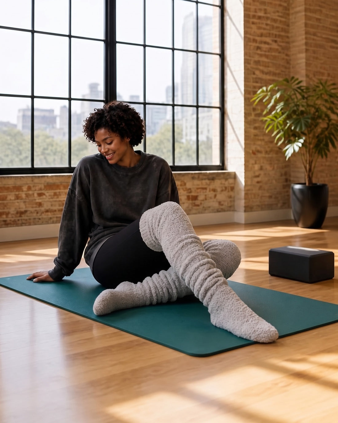 Woman stretching on a yoga mat in Fog Silver Gray SŌLA CloudFlex™ Over the Knee Socks