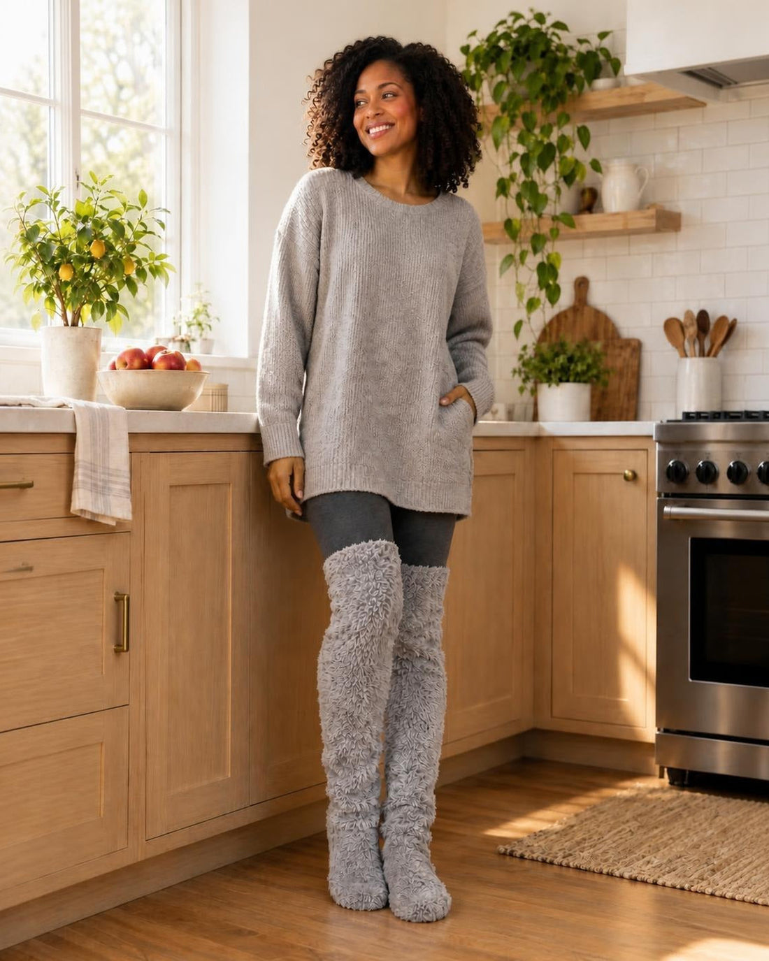 Woman in a bright kitchen wearing Fog Silver Gray SŌLA CloudFlex™ Socks over the knee